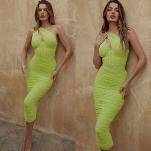 House of CB Neon Green Asymmetric Midi Dress